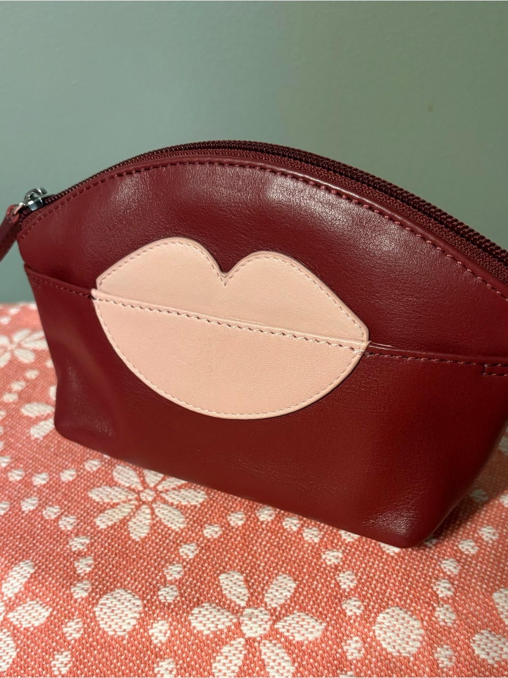 Women’s Lip Applique Cosmetic Pouch - Burgundy with Blush Lip